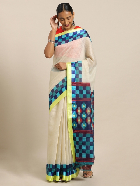 

Mirchi Fashion White & Blue Polycotton Woven Design Saree