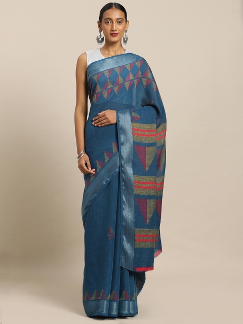 

Mirchi Fashion Teal Blue & Yellow Linen Blend Printed Saree