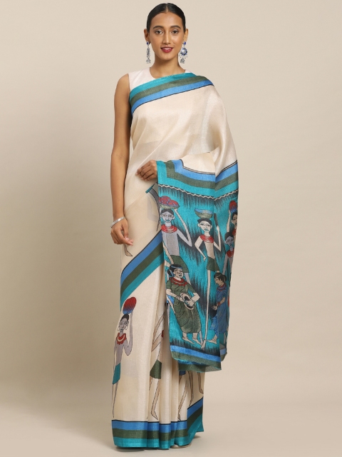 

Mirchi Fashion Off-White & Turquoise Blue Art Silk Printed Khadi Saree