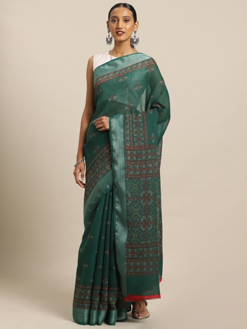 

Mirchi Fashion Green & Red Linen Blend Printed Saree