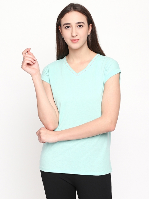 

Forever Glam by Pantaloons Women Aqua Blue Solid V-Neck Top