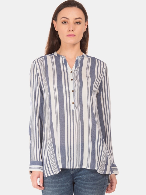 

Cherokee Women Blue & Off-White Regular Fit Striped Casual Shirt