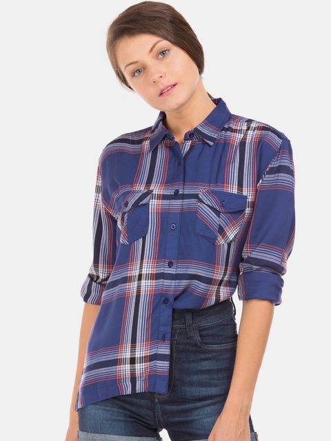 

Cherokee Women Navy Blue & White Boxy Checked Casual Shirt