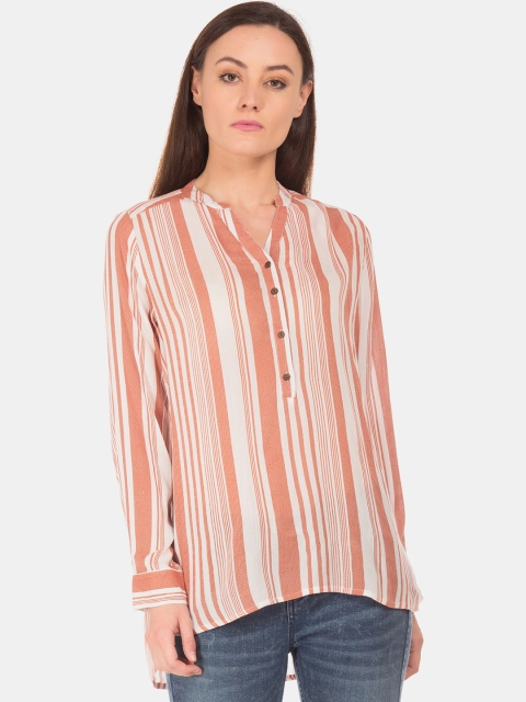 

Cherokee Women Orange & White Regular Fit Striped Casual Shirt