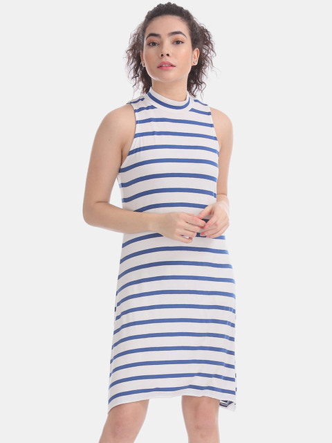 

Aeropostale Women White & Blue Striped T-shirt Dress