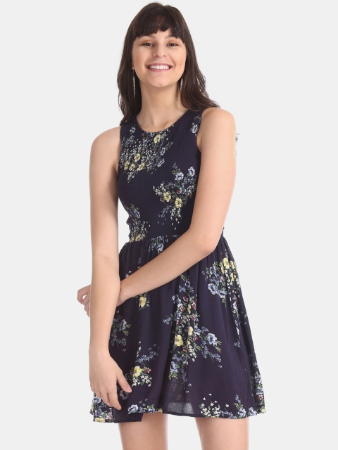 

Aeropostale Women Navy Blue & Yellow Printed Fit and Flare Dress