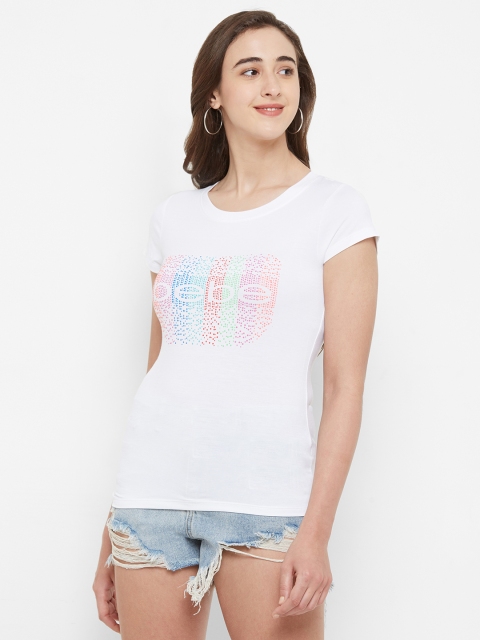 

bebe Women White Printed Round Neck T-shirt