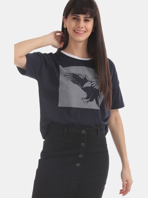 

Cherokee Women Navy Blue Printed Round Neck T-shirt