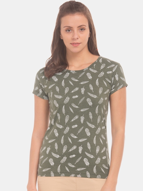 

Cherokee Women Olive Green Printed Round Neck T-shirt