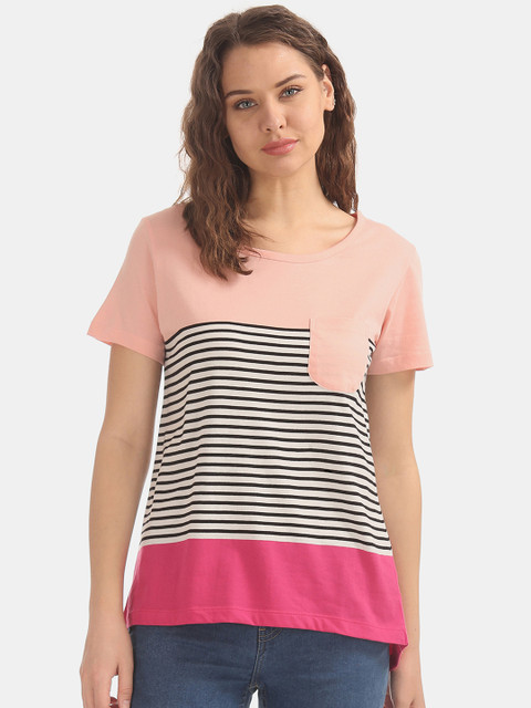 

Cherokee Women Pink & Black Striped Round Neck T-shirt