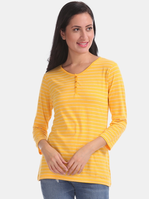 

Cherokee Women Yellow & White Striped Round Neck T-shirt