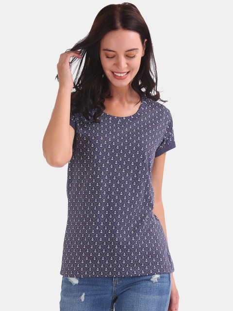 

Cherokee Women Navy Blue Printed Round Neck T-shirt