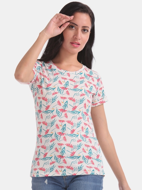 

Cherokee Women Off-White Green Printed Round Neck Pure Cotton T-shirt