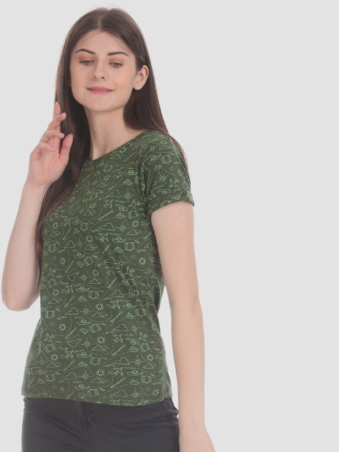 

Cherokee Women Olive Green Printed Round Neck T-shirt