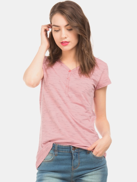 

Cherokee Women Pink Self Design Henley Neck T-shirt