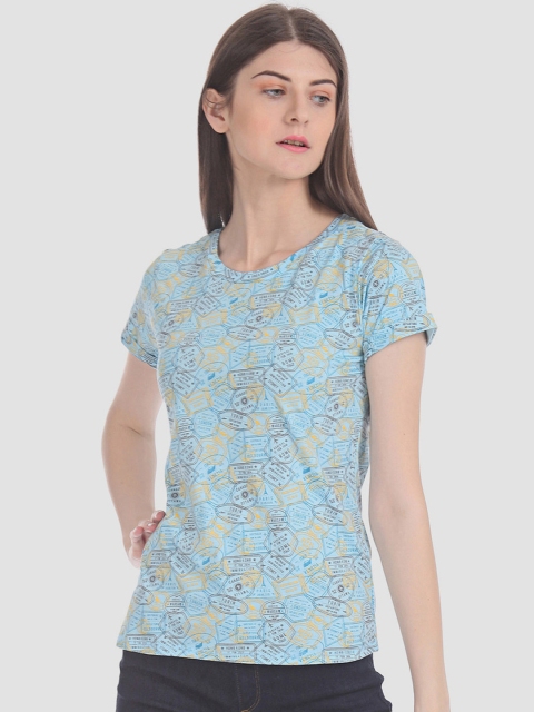 

Cherokee Women Blue & Yellow Printed Round Neck T-shirt