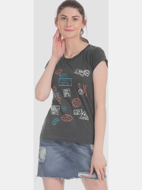

Cherokee Women Charcoal Grey & Blue Printed Round Neck T-shirt