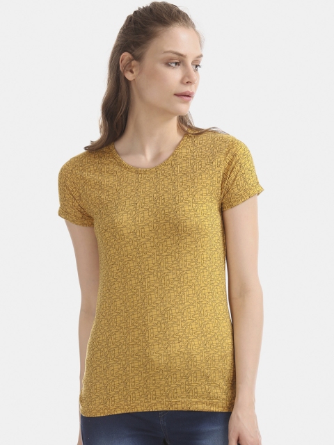 

Cherokee Women Mustard Yellow & Black Printed Round Neck T-shirt