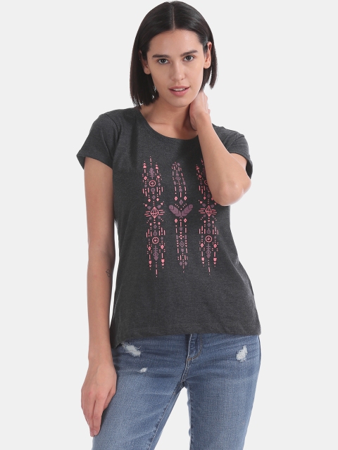

Cherokee Women Charcoal Grey & Pink Printed Round Neck T-shirt