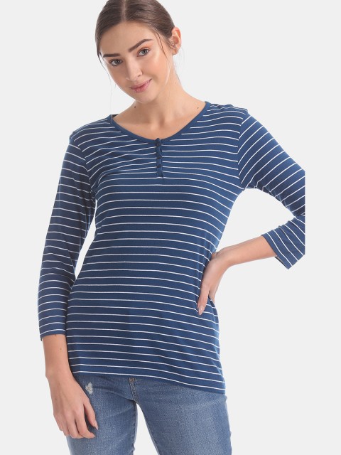 

Cherokee Women Navy Blue Striped Round Neck T-shirt