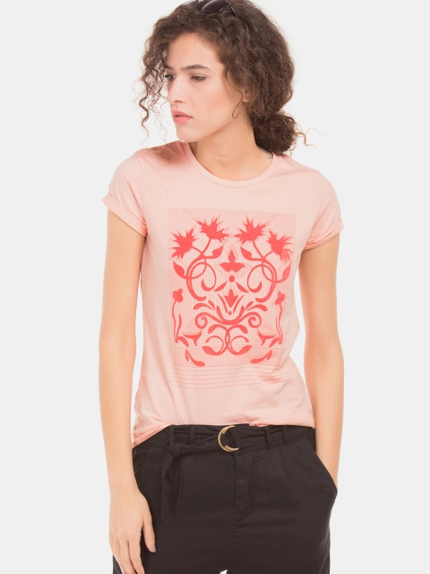 

Cherokee Women Peach-Coloured & Pink Printed Round Neck T-shirt