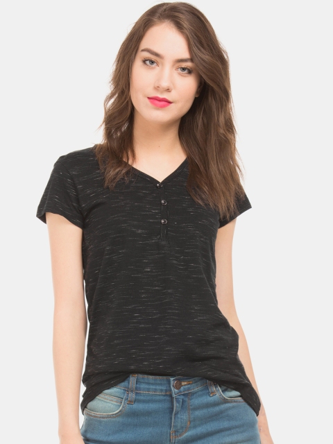 

Cherokee Women Black Solid Henley Neck T-shirt