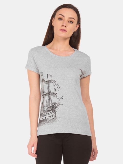 

Cherokee Women Grey Melange & Black Quirky Printed Round Neck T-shirt