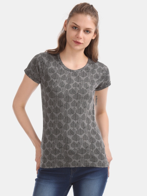 

Cherokee Women Charcoal Grey & Black Printed Round Neck T-shirt