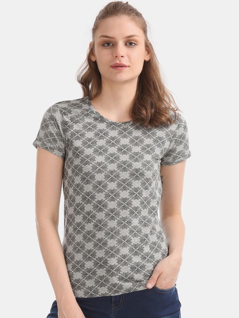 

Cherokee Women Grey Melange Printed Round Neck T-shirt