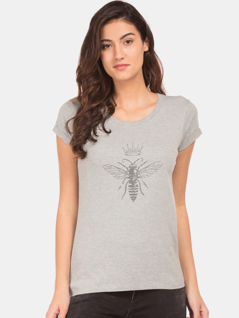 

Cherokee Women Grey Melange Printed Round Neck T-shirt
