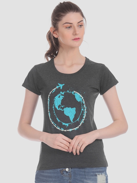

Cherokee Women Charcoal Grey Upturned Sleeve Hem Printed T-Shirt