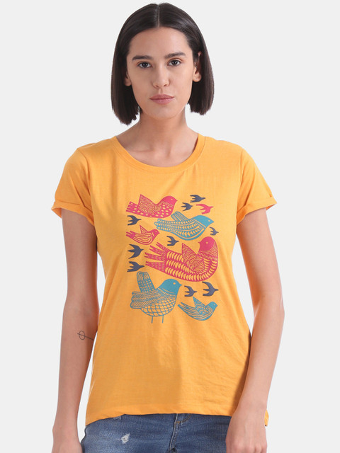 

Cherokee Women Mustard Yellow & Pink Printed Round Neck T-shirt