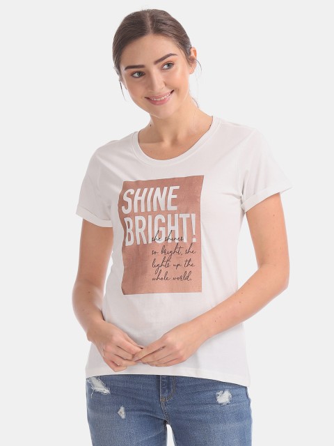 

Cherokee Women White & Peach-Coloured Printed Round Neck T-shirt