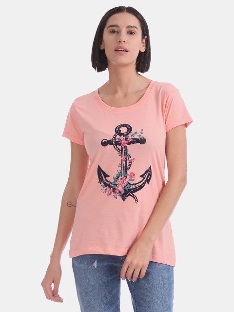 

Cherokee Women Pink & Black Anchor Printed Round Neck T-shirt