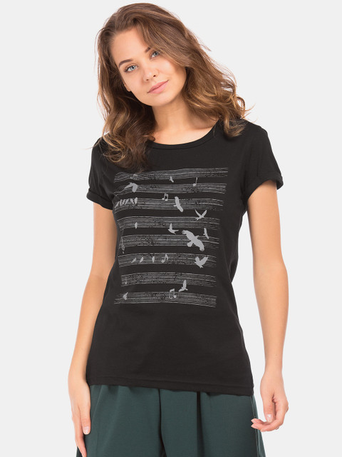 

Cherokee Women Black & Grey Birds Printed Round Neck T-shirt