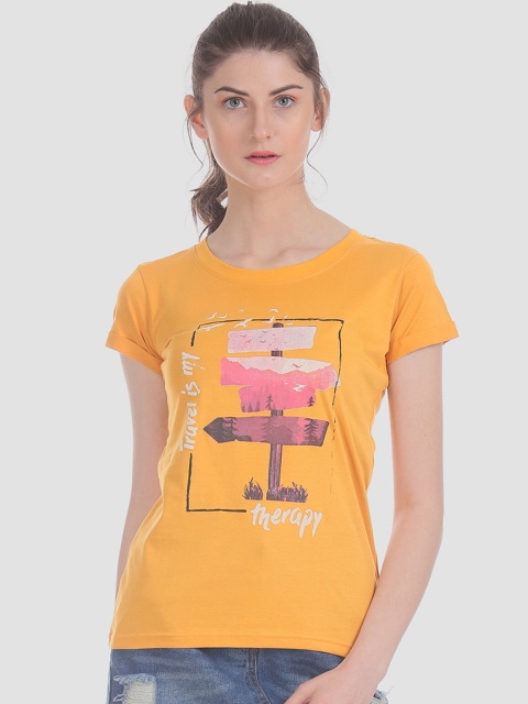 

Cherokee Women Mustard Yellow Printed Upturned Sleeve Hem Round Neck T-shirt