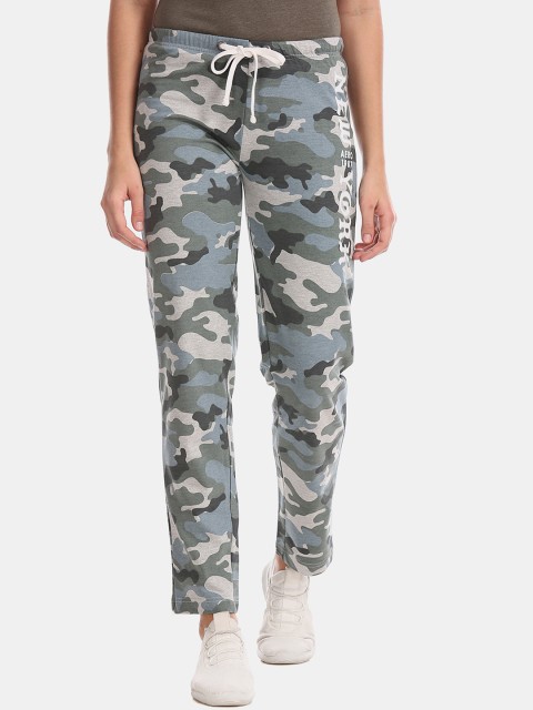 

Aeropostale Women Green & Blue Camouflage Printed Straight-Fit Fleece Track Pants