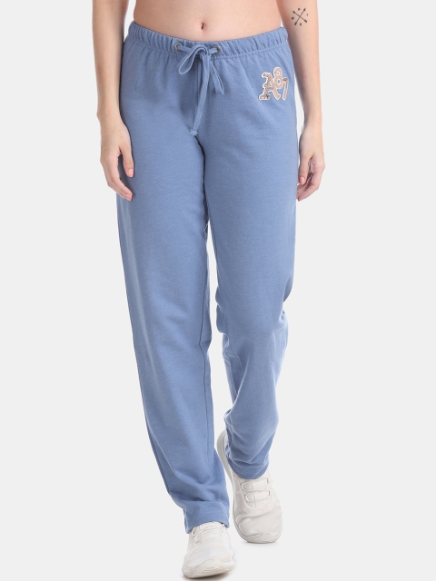 

Aeropostale Women Blue Solid Sequin Logo Fleece Straight-Fit Track Pants