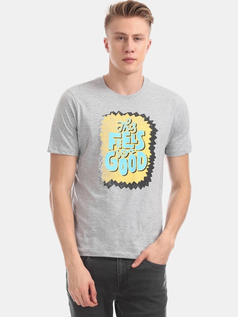 

Colt Men Grey Melange Printed Round Neck T-shirt