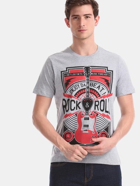 

Colt Men Grey Melange Printed Round Neck T-shirt