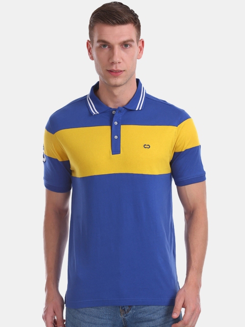 

Colt Men Blue & Yellow Colourblocked Slim Fit Polo Collar T-shirt