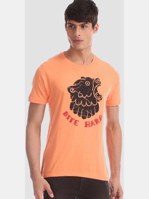 

Colt Men Coral Orange & Black Wolf Print Round Neck T-shirt