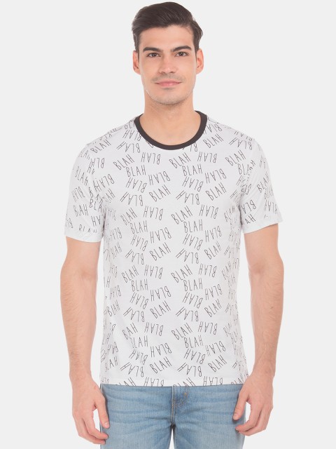 

Colt Men White & Coffee Brown Slim Fit Printed Round Neck T-shirt