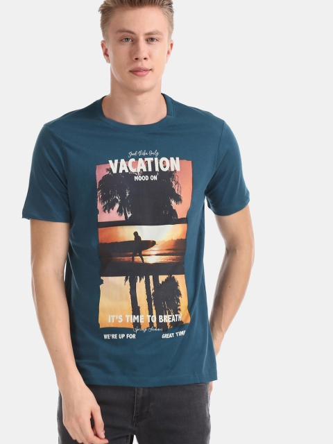 

Colt Men Teal Blue & Orange Printed Round Neck T-shirt