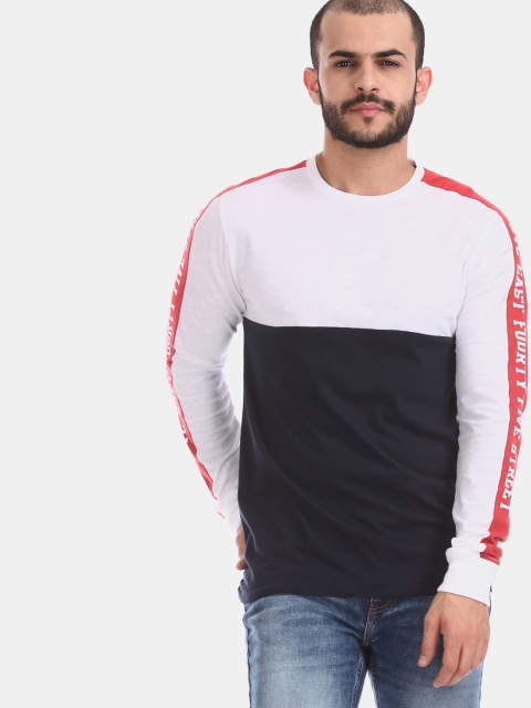 

Colt Men White & Navy Blue Colourblocked Round Neck T-shirt