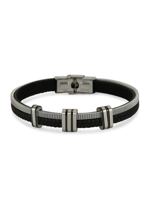 

Daniel Klein Men Black & Silver-Toned Leather Wraparound Bracelet