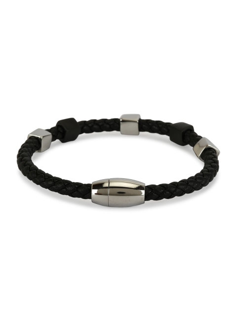 

Daniel Klein Men Black & Silver-Toned Leather Wraparound Bracelet