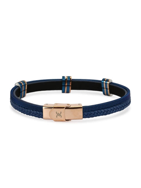 

Daniel Klein Men Navy Blue & Rose Gold-Toned Leather Wraparound Bracelet