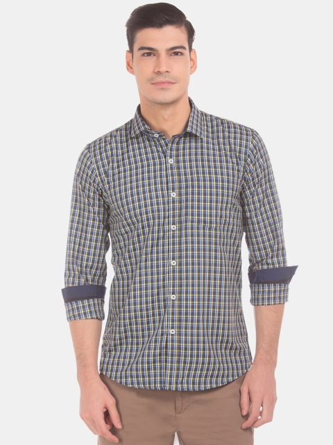 

Excalibur Men Navy Blue & Yellow Slim Fit Checked Casual Shirt