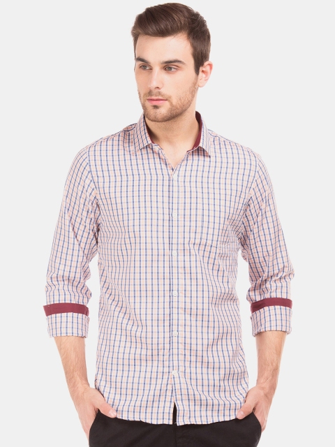 

Excalibur Men Peach-Coloured & Blue Slim Fit Checked Casual Shirt